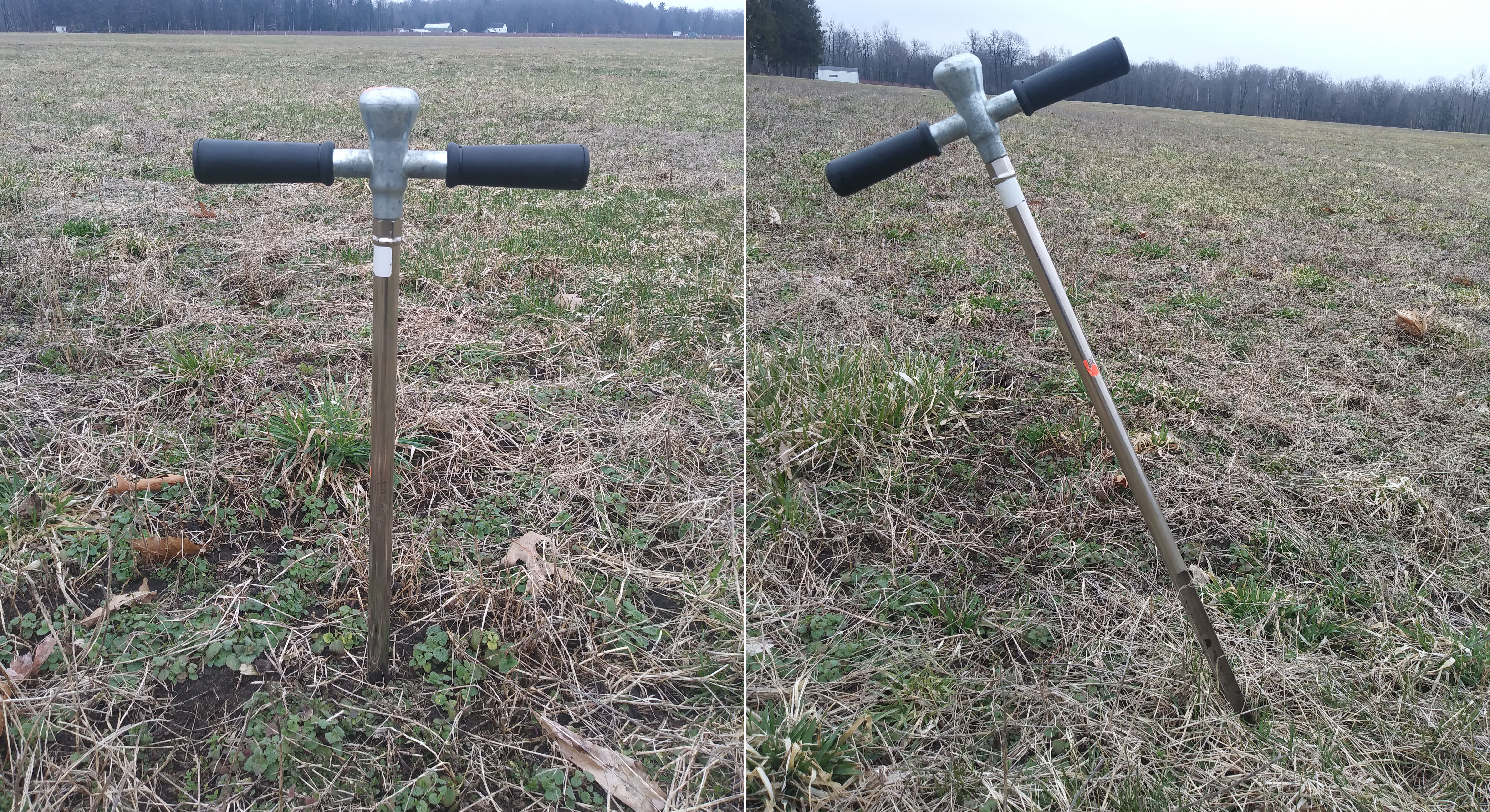 Two soil probes in the ground, one straight up and one at an angle.